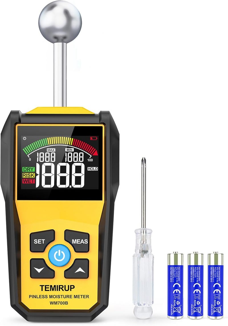 Temirup Store Moisture Meter, Pinless Moisture Meter –Wood Moisture Detector for Walls, Drywall, Firewood & Concrete, Digital Moisture Tester with 3-Color LCD Display Reader, Audible Alarm & Hold Function - Image 1